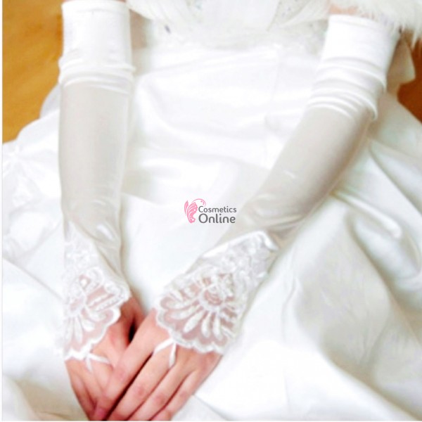 Manusi elegante din satin cu dantela MNS002HH Crem XL